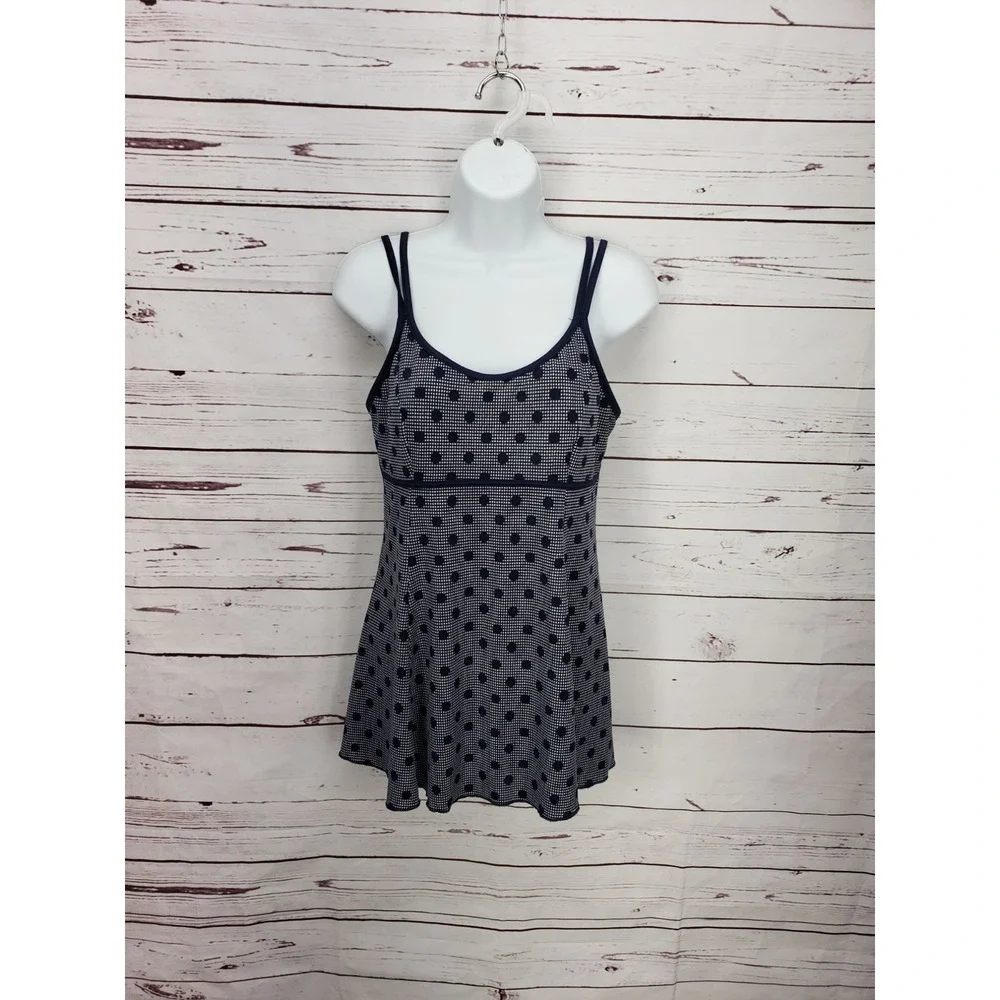 Vintage Navy Blue Polka Dot Swim Dress One Piece Swimsuit Size 12 60071 NV1